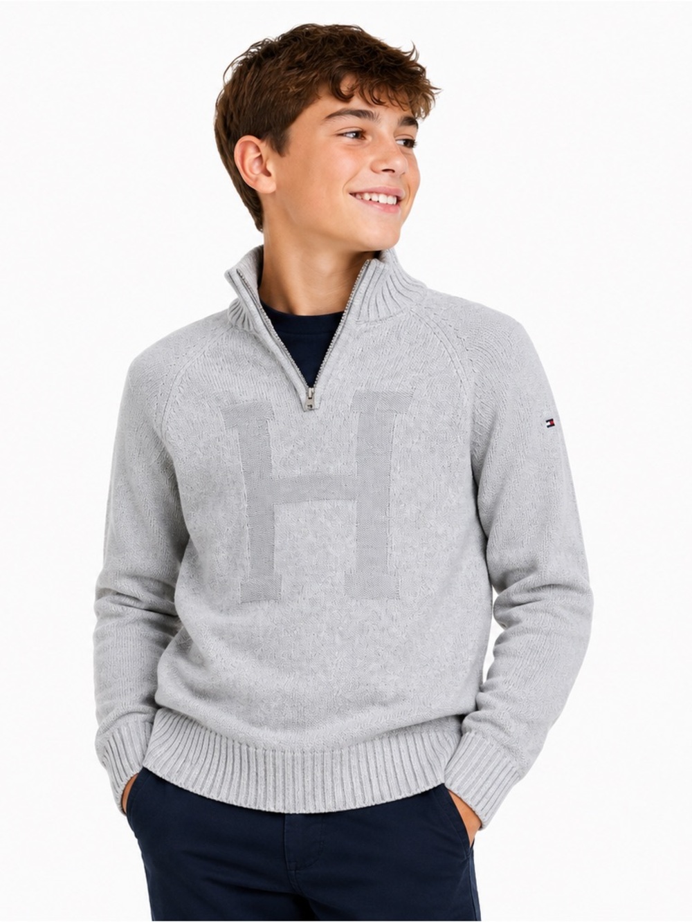 Tommy Hilfiger Boys Gray 1/4 Zip Knit Jumper Sweater M 12/14 H Logo Cotton